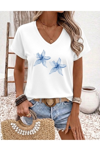 FUFLUNS Blue Flowers Printed Women's Oversize V-Neck T-Shirt