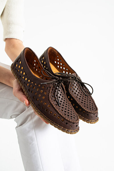 dabab shoes Virena Women's Bitter Brown Genuine Leather Mesh Lace-Up Flat Sol...