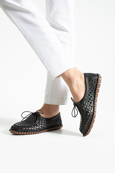 dabab shoes Virena Women's Black Genuine Leather Mesh Lace-Up Flat Sole Summe...