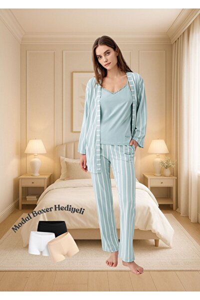 Pierre Cardin Women's Striped Dressing Gown & Pajama Bottoms, Lace Detailed S...