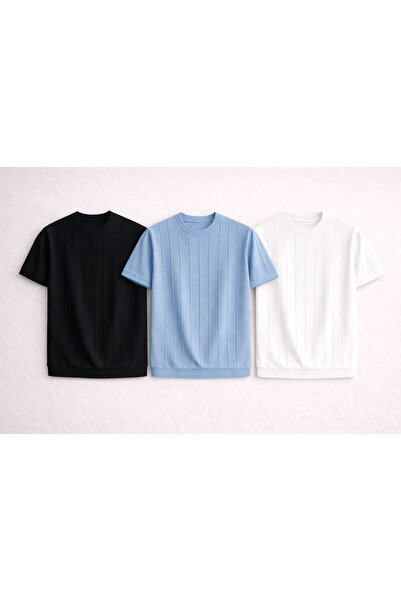 threeoff 3-Pack Premium Men's Short Sleeve Crew Neck Striped Knitwear T-Shirt