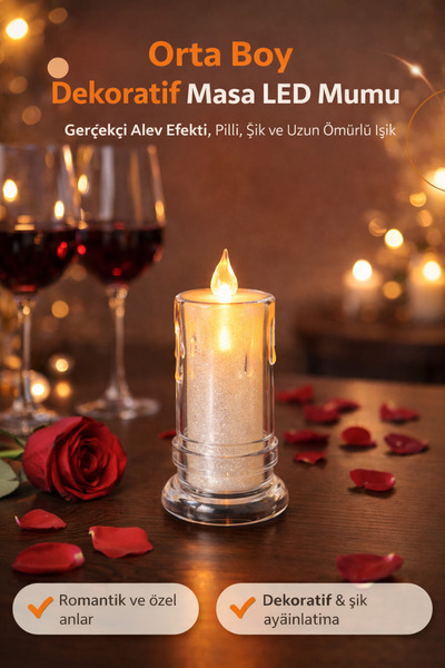 TeknoEser Orta Boy Dekoratif Masa LED Mumu – Gerçekçi Alev Efektli, Pilli, Şı...