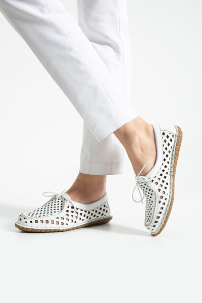 dabab shoes Virena Women's White Genuine Leather Mesh Lace-Up Flat Sole Summe...