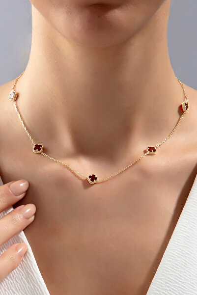 SARIASLAN Akik Bordo Taşlı Dört Yaprak Yonca 925 Ayar Gümüş Açık Gold Renk