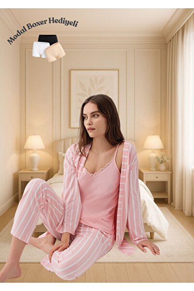 Pierre Cardin Women's Striped Dressing Gown & Pajama Bottoms, Lace Detailed S...