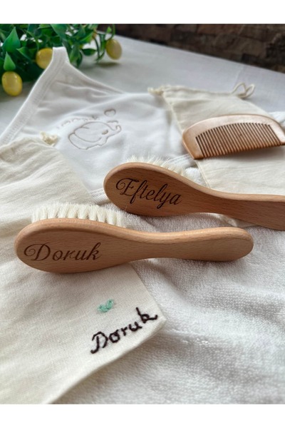 İloya Naturel İsimli Bebek Fırça Tarak Seti – Doğal Keçi Kılı & Şimşir Tarak