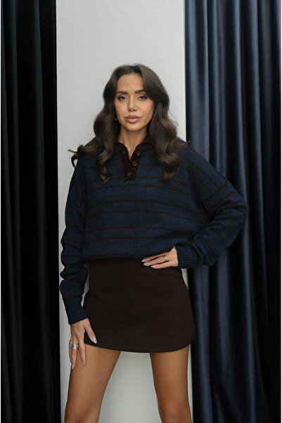 My Blog Navy Blue-Brown Striped Sweater -1510
