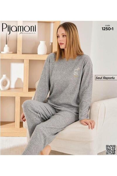 Pijamoni Σετ γυναικεία πιτζάμα με μακρυμάνικο μοτίβο μελανζ με σχέδιο κουνελιού