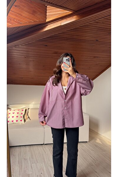 Selin Damla Çizgili Oversize Dokuma Gömlek Bordo