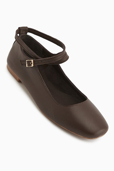 Limoya Ameli Genuine Leather Brown Cross-Strapped Ballerina Women's Shoes