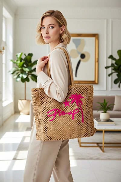 BENERLY Women's Large Size Straw Maxi Tote Shoulder Bag with Embroidery Detai...