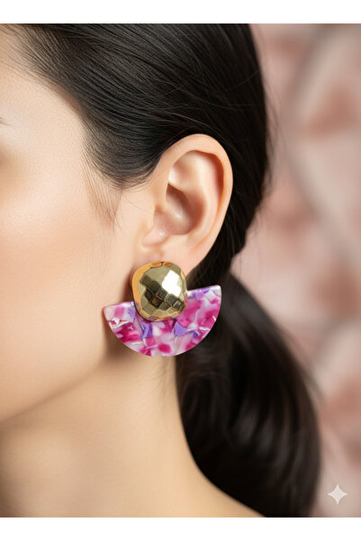 lavante butik kendini özel hisset Marble Patterned Fan Half Moon Model Earrings