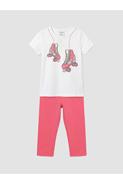 LC Waikiki RMZ GİYİM FARKIYA تي شيرت وبنطلون ضيق للفتيات مطبوع عليه ياقة روبا