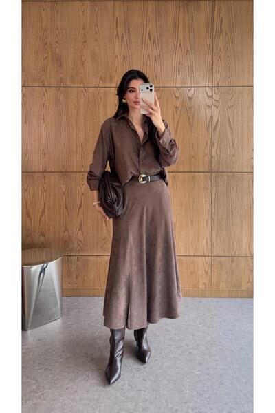 HAZELANNA Set fustă-cămașă din piele întoarsă maro