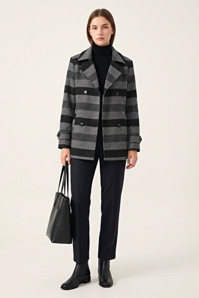 Soydan Güner Kadın Premium Kumaş Ekose Kısa Kruvaze Kaban Antrasit 1462