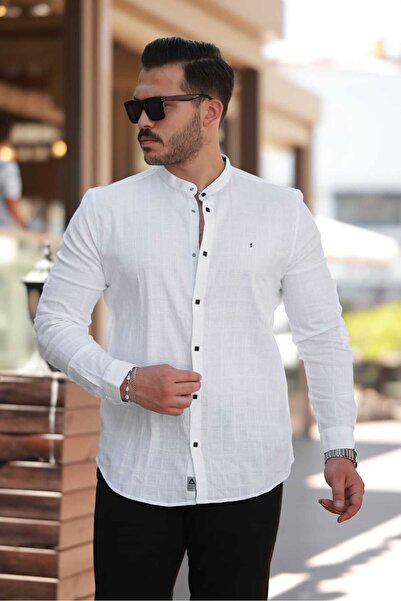 Newelli Slim Fit Erkek Uzun Kollu Hakim Yaka Keten Gömlek