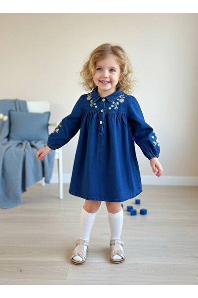 BEYAZ BEBE Girl's Soft Denim Dress with Embroidery Detail