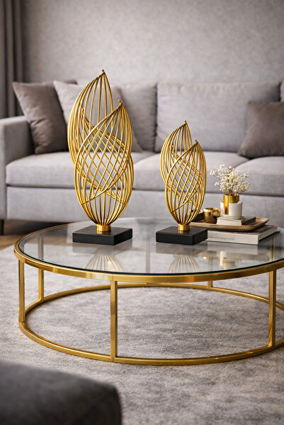 Palpe Gold 2'li Metal Dekoratif Obje Biblo Süs Eşya Salon Aksesuar Tv Sehpa M...