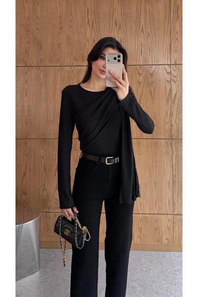 HAZELANNA Black Blouse with Detailed Design