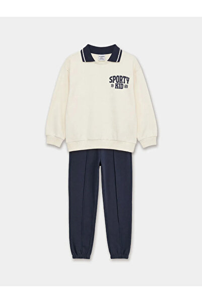 LC Waikiki Lcw Kids Beige Polo Collar Printed Boy's Thick Tracksuit Set