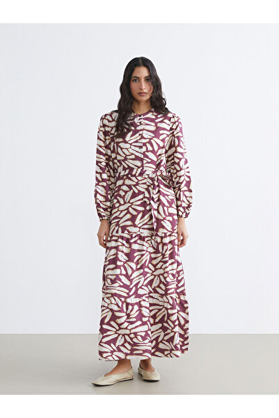 LC Waikiki Lcw modest burgundy high neck patterned belted dress