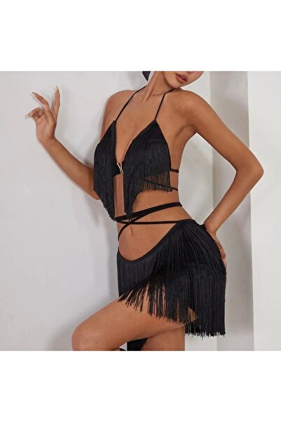 Mores Set de cămașă de noapte cu design îndrăzneț și detalii cu ciucuri roșii