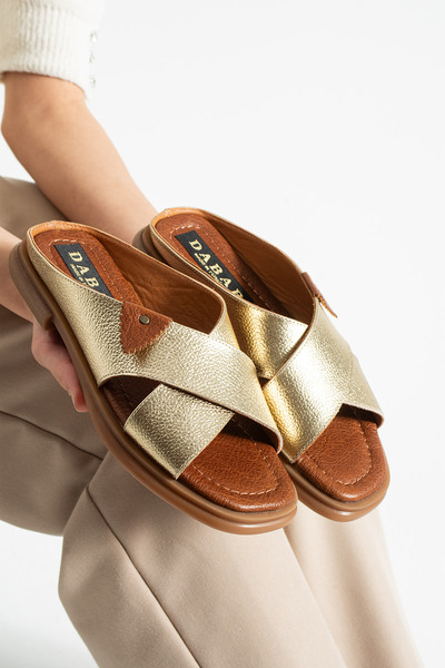 dabab shoes Narel Women's Genuine Leather Flat Sole Cross Strap Slippers Sandals