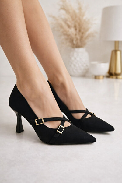 Firibu Double Buckle Suede Pointed Toe Goblet Heel Stiletto