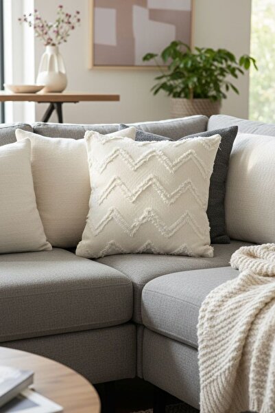 ŞENER HOME Bearded Zigzag Chenille Double-Sided Throw Pillow Cover Cream