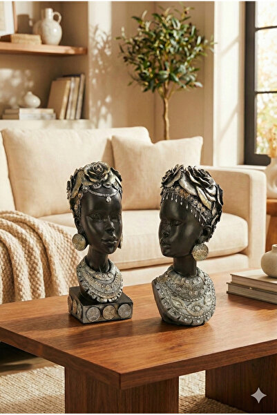 Dekoromi 2'li Çiçek Motifli Etnik Kadın Heykeli Seti - Ev & Ofis Dekorasyon B...