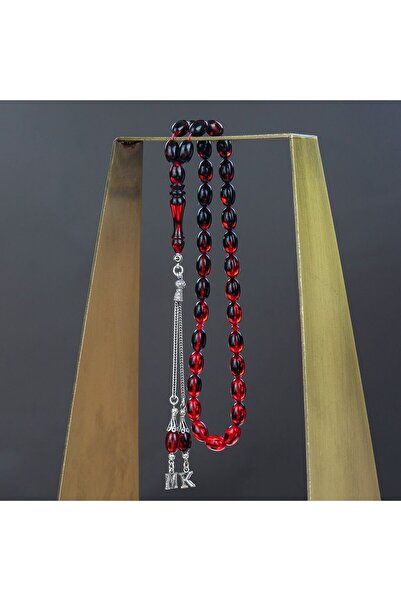 kral hediyelik ATEŞ KEHRIBAR TESBIH KIRMIZI CIFT RENK GÜMÜŞ PÜSKÜLLÜ HARFLI S...