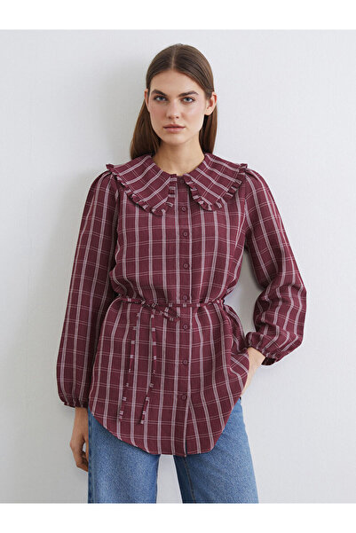 LC Waikiki Bordo Bebe Yaka Ekose Kadın Gömlek Tunik