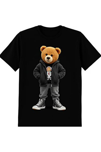 TİMİSİVA Unisex Oversize Printed Cotton Crew Neck Short Sleeve Black T-Shirt