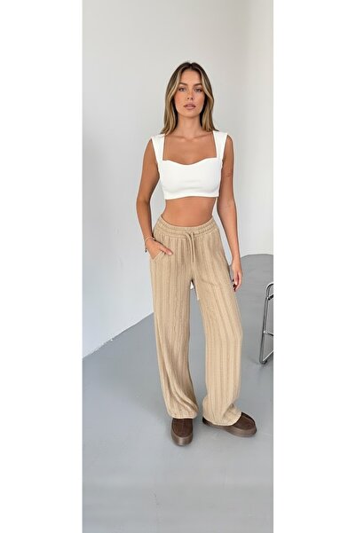 THEBEK بنطلون بلازو شتوي مزخرف بجيوب من قماش المودال