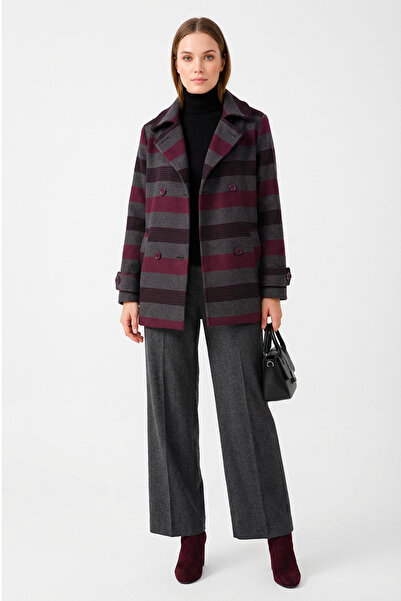 Soydan Güner Kadın Premium Kumaş Ekose Kısa Kruvaze Kaban Bordo 1462