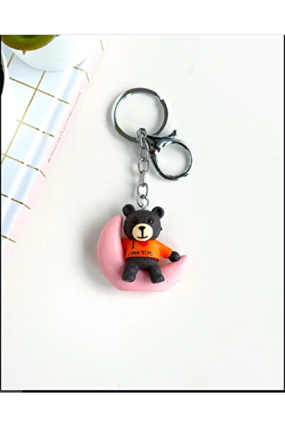 TChic ميدالية مفاتيح على شكل دب أسود لطيف يجلس على قمر وردي، زينة للحقائب/إكس...