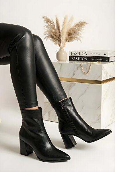 buğrahayalin Women's Black Thick Heeled Zippered Casual Boots Mid Heel, Faux ...