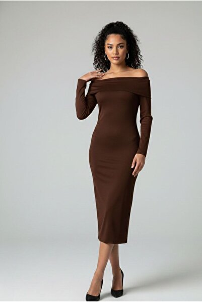REVİORA Kahverengi Madonna Yaka Poliamid Elbise