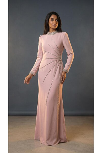 MİSS DİAMOND Elegant stone detail hijab powder long dress