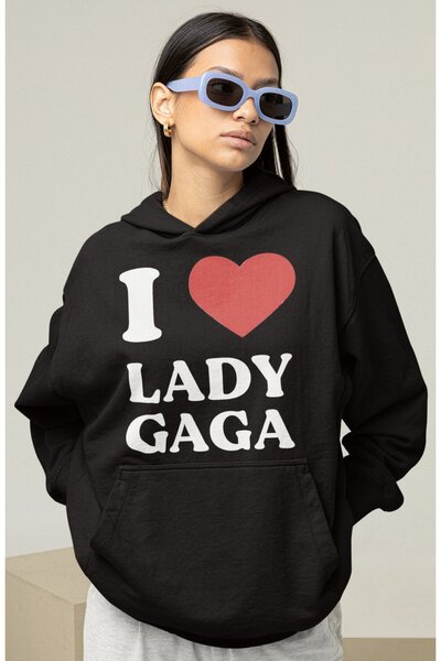 SEVBANO I Love Lady Gaga Γραπτό Unisex Oversize Hoodie της τραγουδίστριας