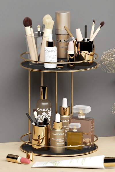 wearme Gold Plated Round 2-Tier Organizer Tray Cosmetic Jewelry Organizer Bat...