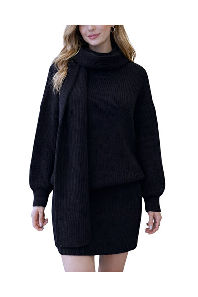 Qualia Butik Women's Scarf Knitwear Skirt Sweater Set