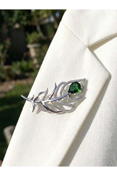 ZEY 925 Ayar Gümüş Takı-Zirkon Taşlı Yeşil Taşlı Yaprak Hediyelik Kadın Broş