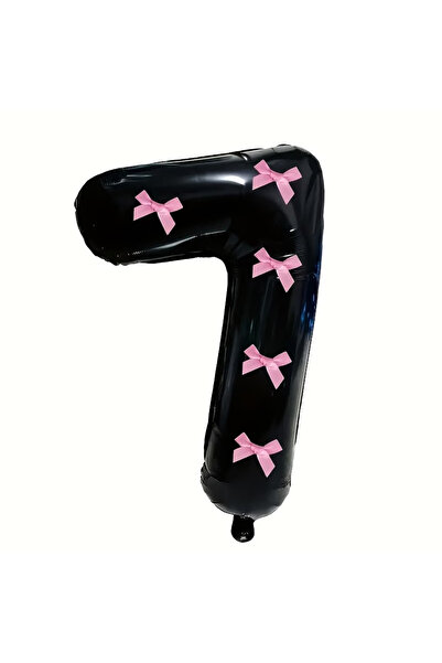 PartyPoo بالون فويل أسود اللون على شكل رقم 7 مقاس 76 سم مع فيونكة وردية - ديك...