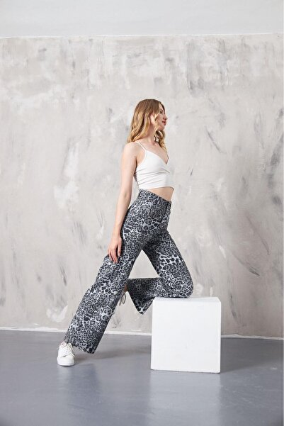 Mavero Women's Gray Leopard Patterned High Waist Flared Pants