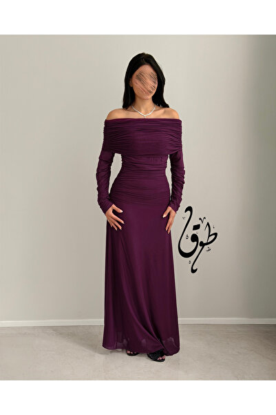 toog Purple off-the-shoulder evening dress with long, fitted sleeves