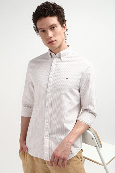 Tommy Hilfiger Mens Beige Vertical Striped Cotton Regular Fit Shirt
