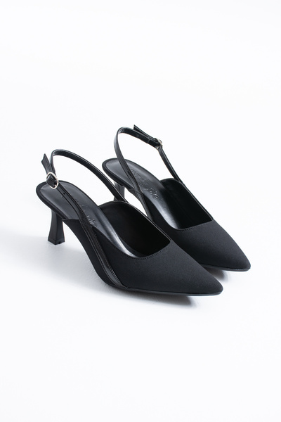 Himushe Black Satin Side Buckle Open Back Striped Women's Heeled Shoes