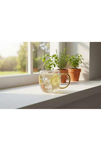 İpek Porselen 6 Kişilik Bal Rengi Kulplu Borosilikat Cam Kupa Takımı 350 Ml