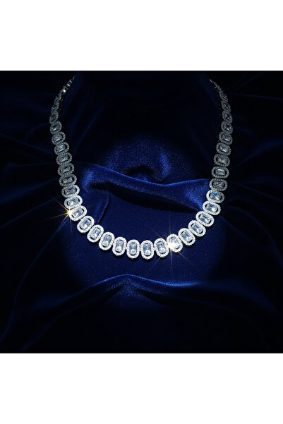 Beelo Silver 925 Ayar Gümüş Baget Taşlı Tamtur Choker Kolye Işıltılı Su Yolu ...